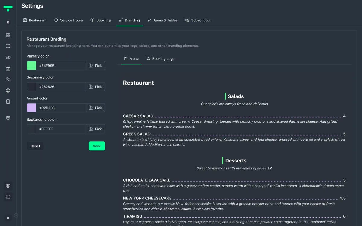 Restaurant Page Customization